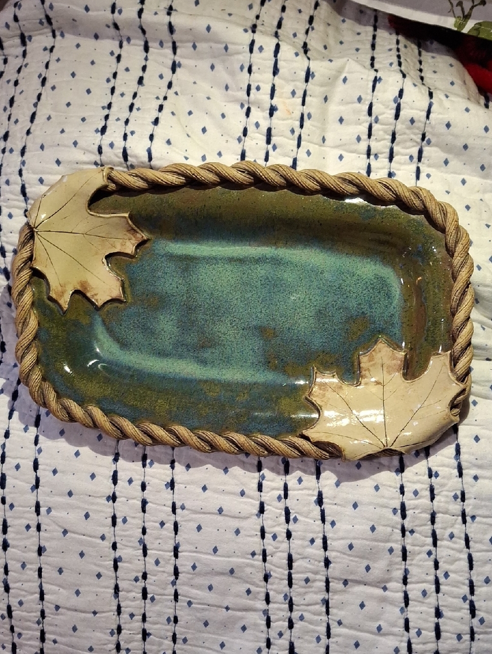 Handmade Ceramic Tray with Leaf Accents - Green and Cream